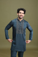 Rama green satin linen kurta set for men with aligarhi and hand embroidery – front view