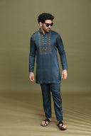 Rama Green Satin Linen Kurta Set for Men with Aligarhi & Hand Embroidery | Kora