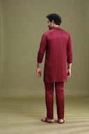Wine Satin Linen Aligarhi Kurta Set with Hand Embroidery Work