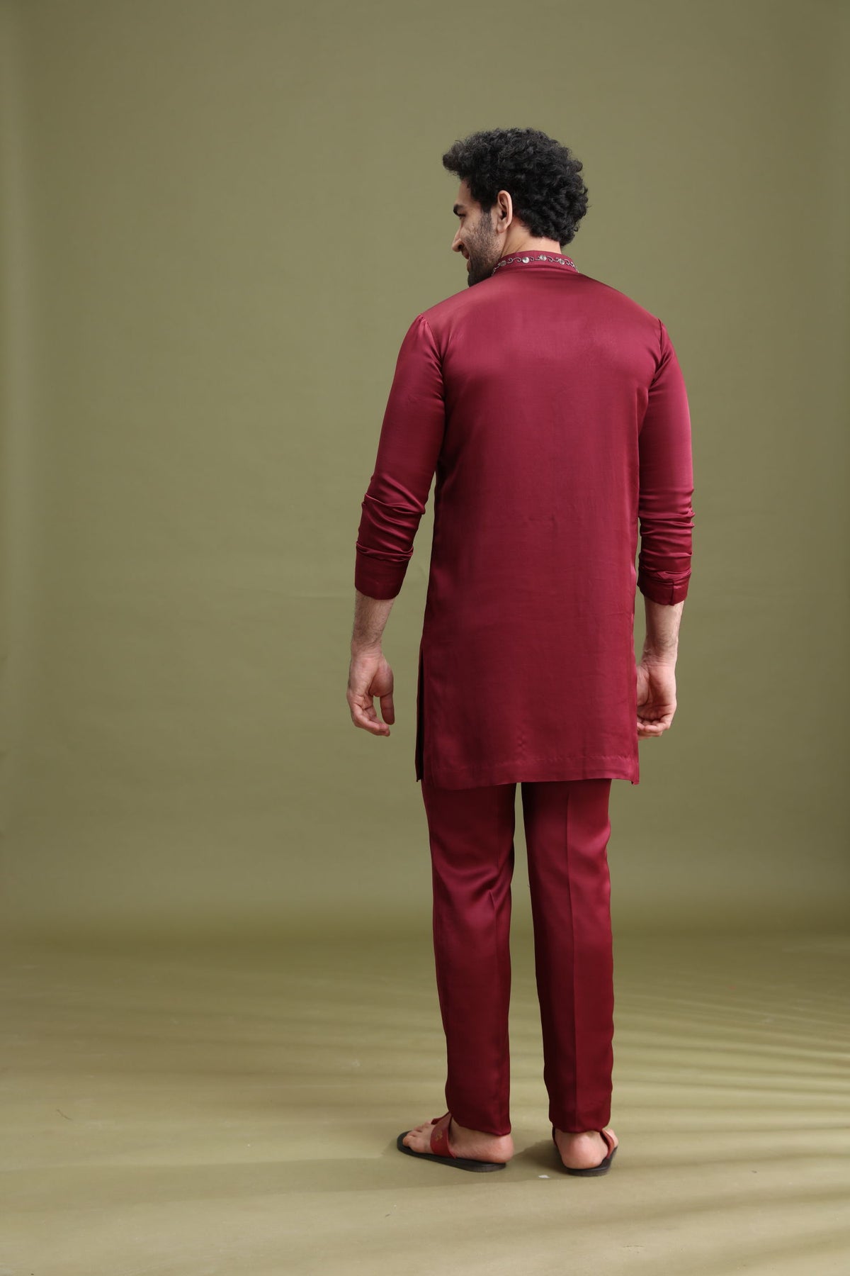 Wine Satin Linen Aligarhi Kurta Set with Hand Embroidery Work - KORANM