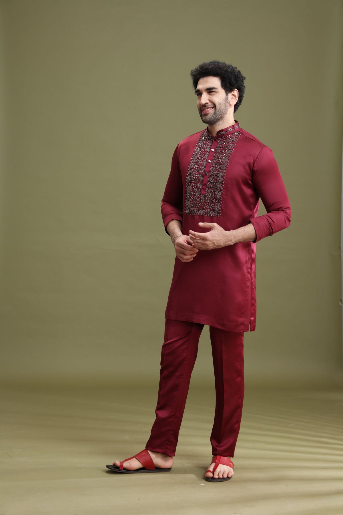 Wine Satin Linen Aligarhi Kurta Set with Hand Embroidery Work - KORANM