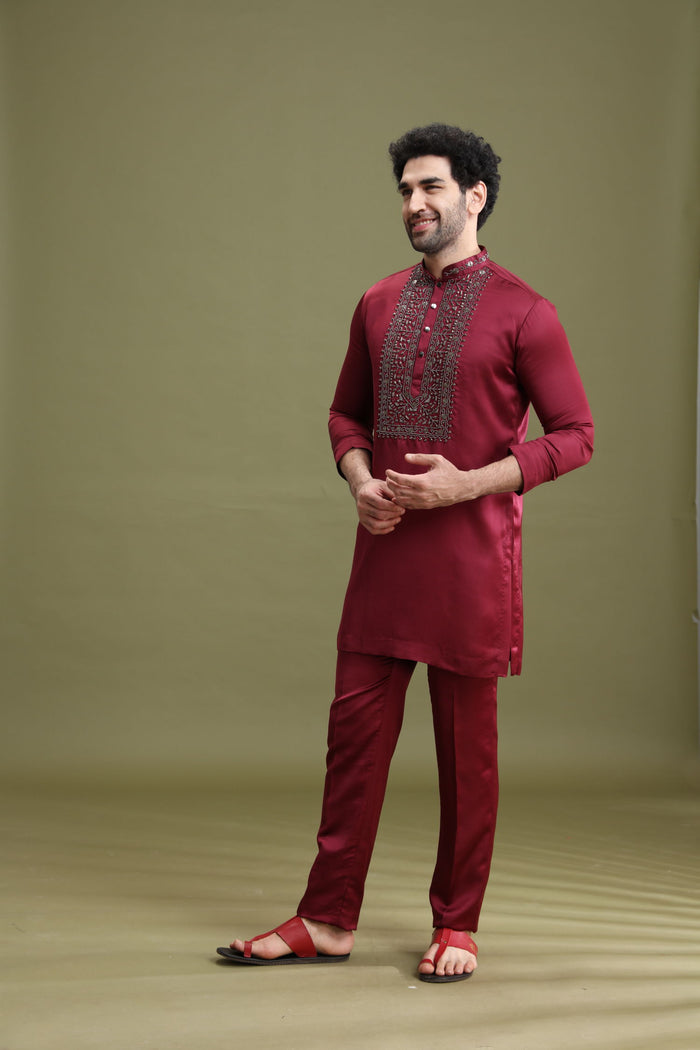 Wine Satin Linen Aligarhi Kurta Set with Hand Embroidery Work - KORANM
