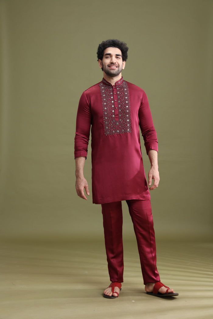Wine Satin Linen Aligarhi Kurta Set with Hand Embroidery Work - KORANM