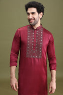 Wine Satin Linen Aligarhi Kurta Set with Hand Embroidery Work