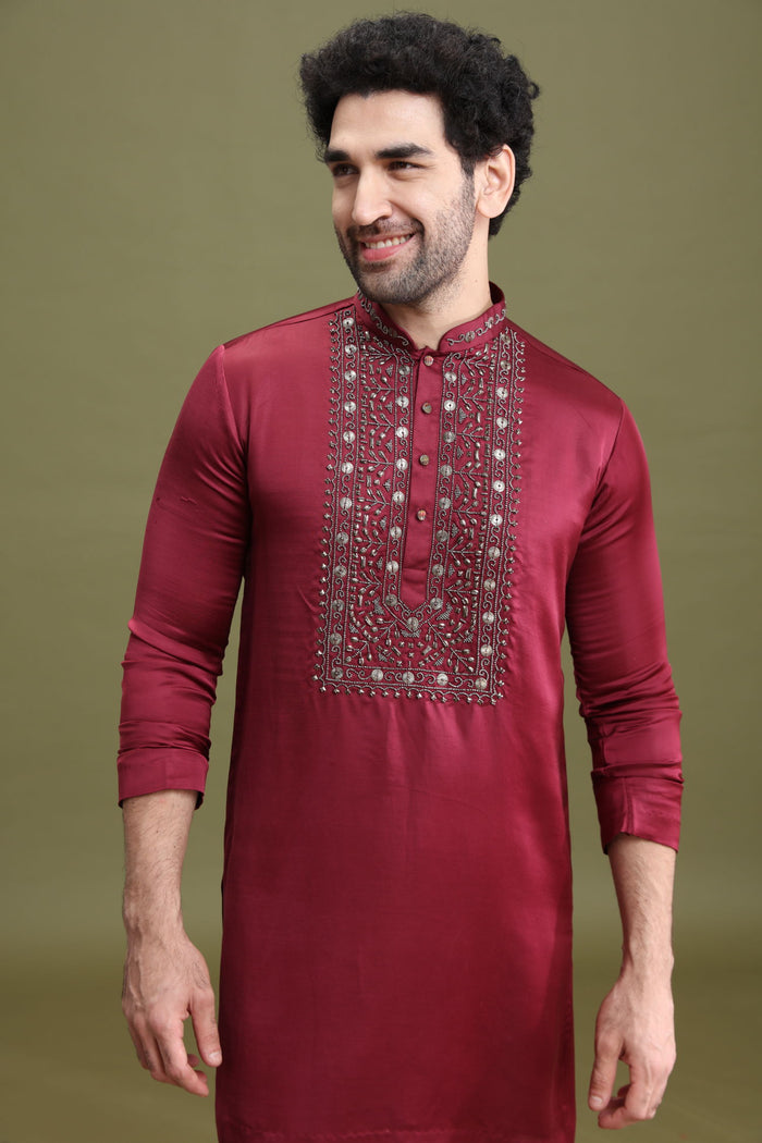 Wine Satin Linen Aligarhi Kurta Set with Hand Embroidery Work - KORANM