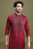 Wine Satin Linen Aligarhi Kurta Set with Hand Embroidery Work
