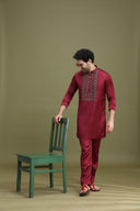 Wine Satin Linen Aligarhi Kurta Set with Hand Embroidery Work