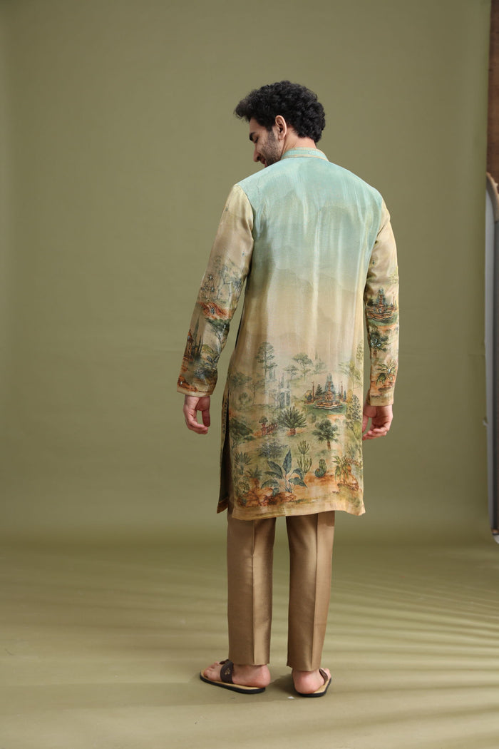 Multicolor Tissue Silk Floral Kurta Set for Men with Aligarhi & Zari Work - KORANM