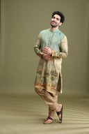Multicolor Tissue Silk Floral Kurta Set for Men with Aligarhi & Zari Work