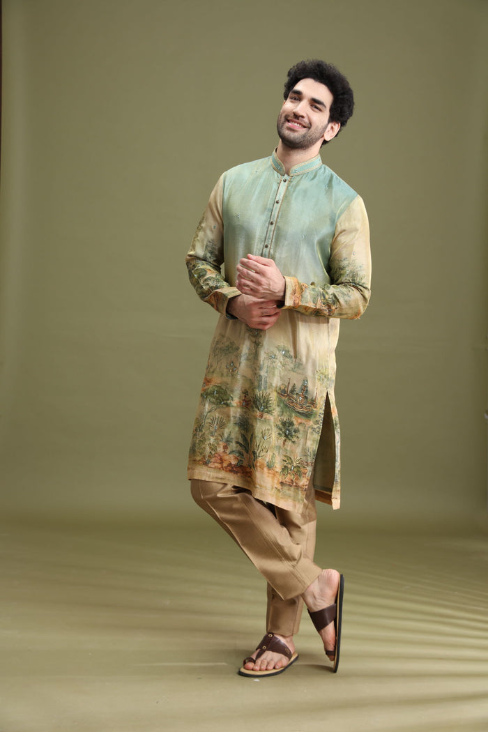 Multicolor Tissue Silk Floral Kurta Set for Men with Aligarhi & Zari Work - KORANM