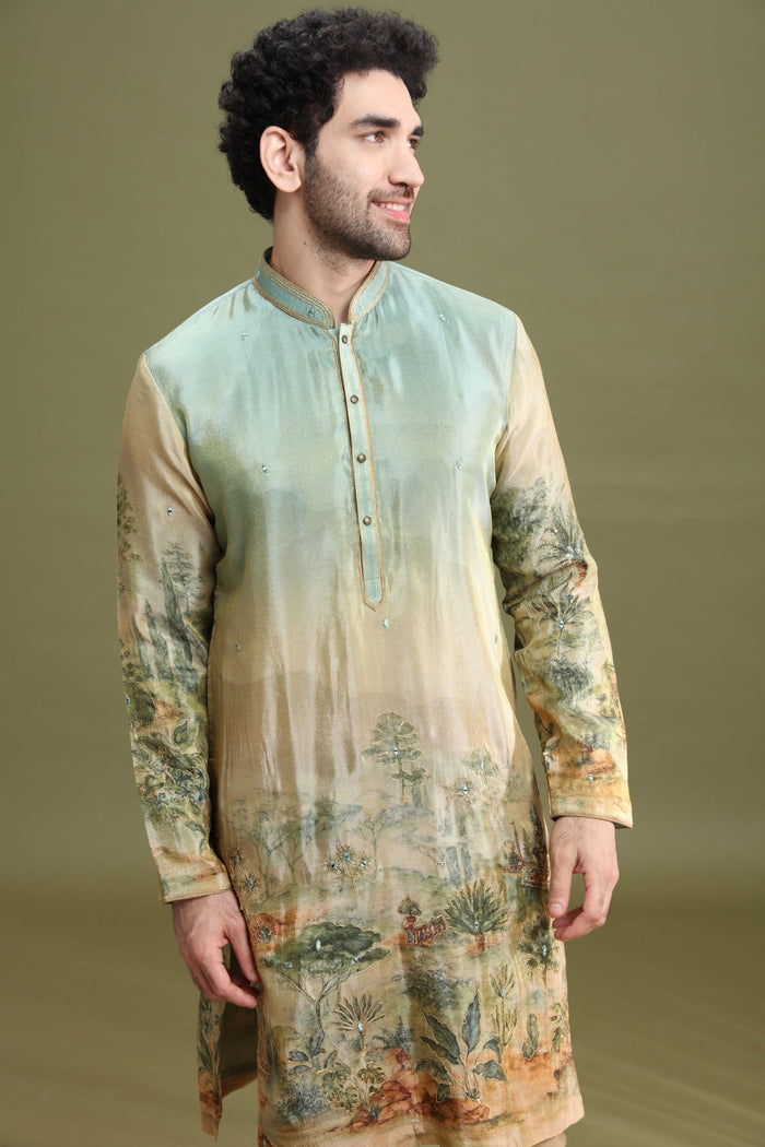 Multicolor Tissue Silk Floral Kurta Set for Men with Aligarhi & Zari Work - KORANM