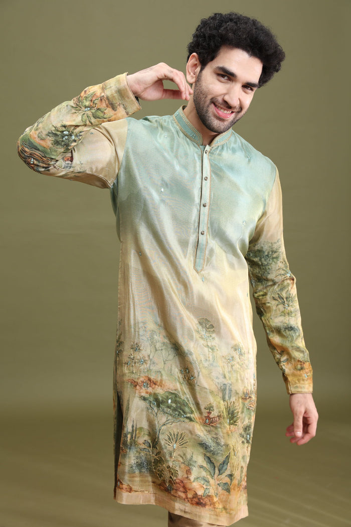 Multicolor Tissue Silk Floral Kurta Set for Men with Aligarhi & Zari Work - KORANM