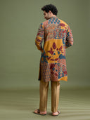 Multicolor Raw Silk Colourblocked Kurta Set for Men with Zari Work & Antique Gold Aligarhi