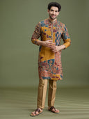 Multicolor Raw Silk Colourblocked Kurta Set for Men with Zari Work & Antique Gold Aligarhi