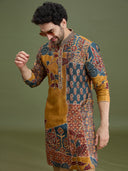 Multicolor Raw Silk Colourblocked Kurta Set for Men with Zari Work & Antique Gold Aligarhi