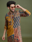Multicolor Raw Silk Colourblocked Kurta Set for Men with Zari Work & Antique Gold Aligarhi