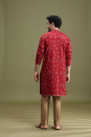 Maroon Floral Embroidered Kurta Set for Men with Aligarhi - KORANM