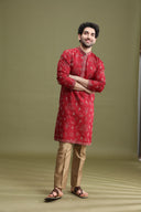 Maroon Floral Embroidered Kurta Set for Men with Aligarhi - KORANM