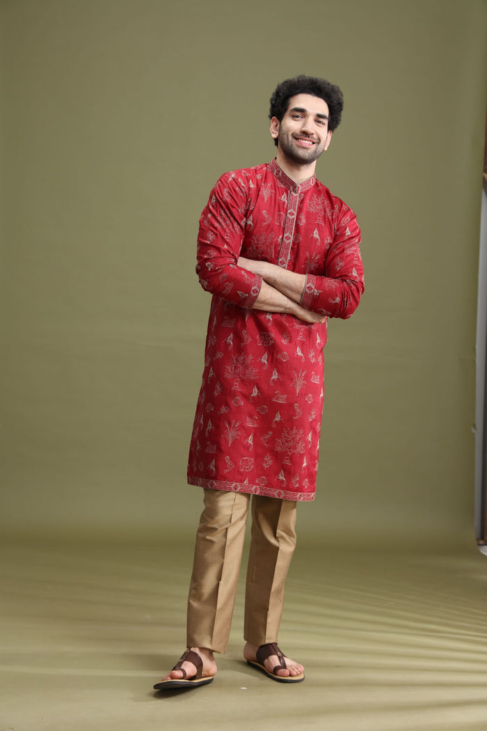 Maroon Floral Embroidered Kurta Set for Men with Aligarhi - KORANM