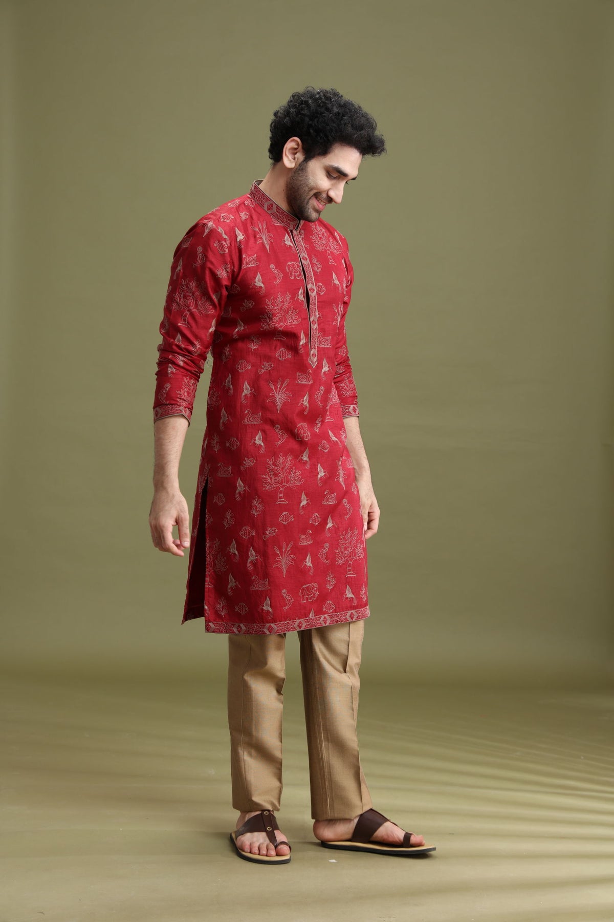 Maroon Floral Embroidered Kurta Set for Men with Aligarhi - KORANM