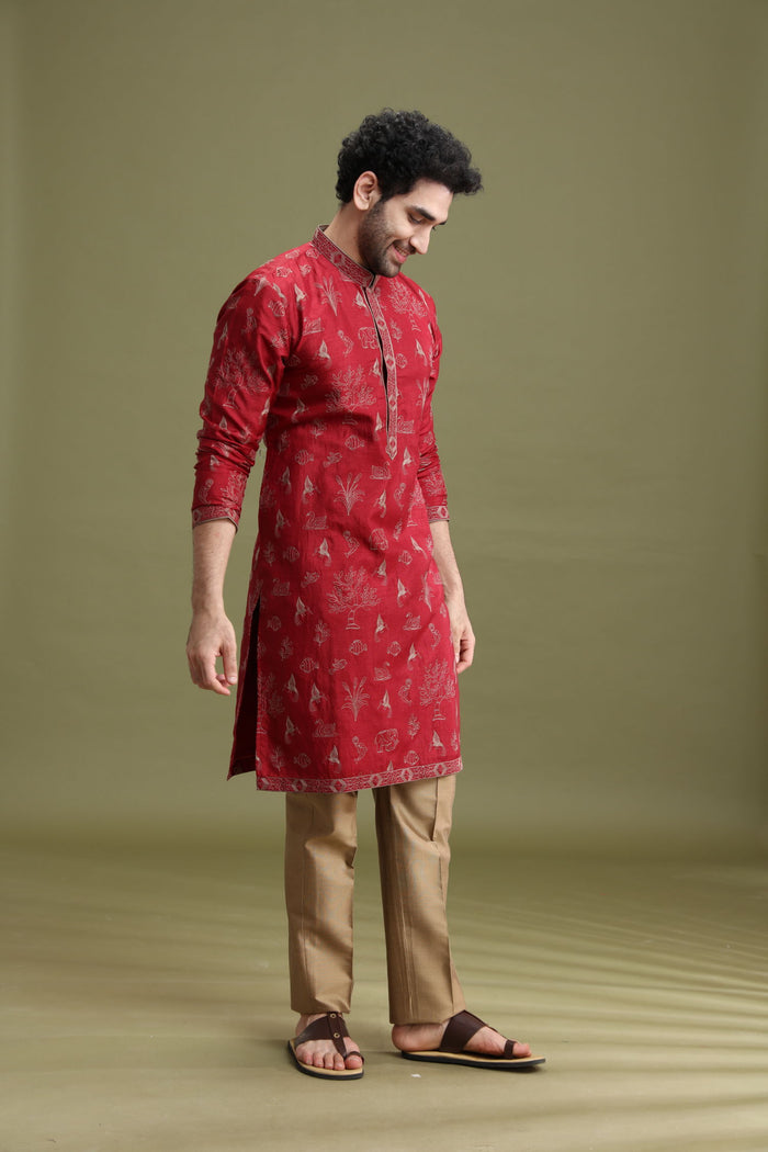 Maroon Floral Embroidered Kurta Set for Men with Aligarhi - KORANM