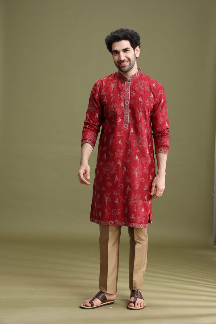Maroon Floral Embroidered Kurta Set for Men with Aligarhi - KORANM