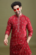 Maroon Floral Embroidered Kurta Set for Men with Aligarhi - KORANM