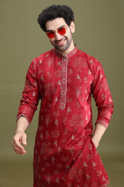 Maroon Floral Embroidered Kurta Set for Men with Aligarhi