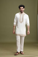 White Short Kurta Pant Set for Men with Dori Embroidery