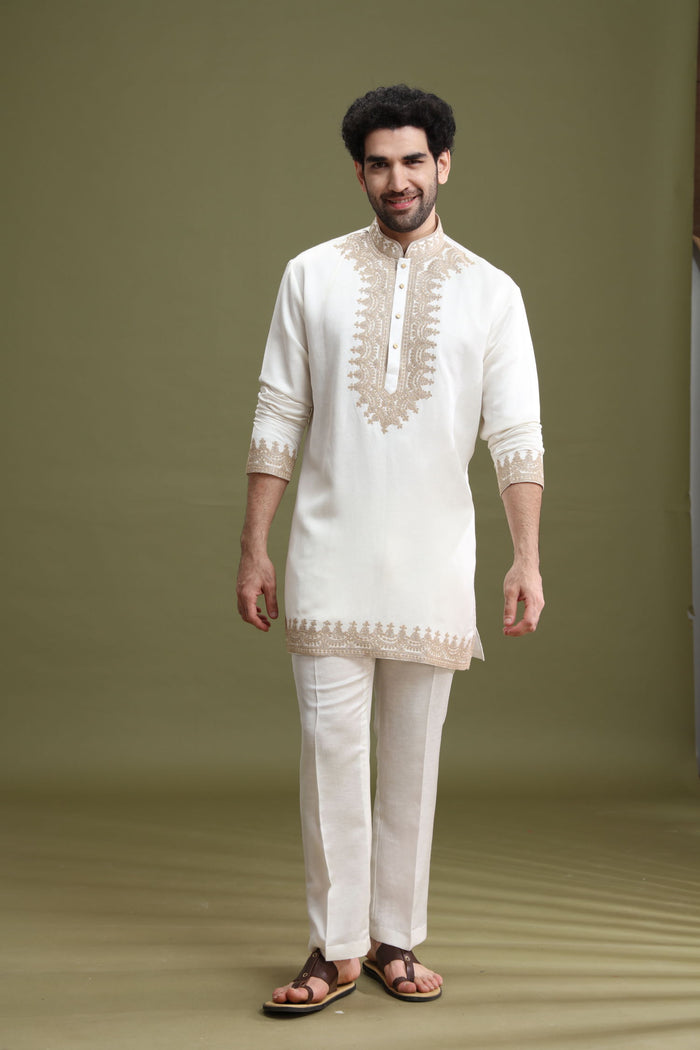 White Short Kurta Pant Set for Men with Dori Embroidery - KORANM