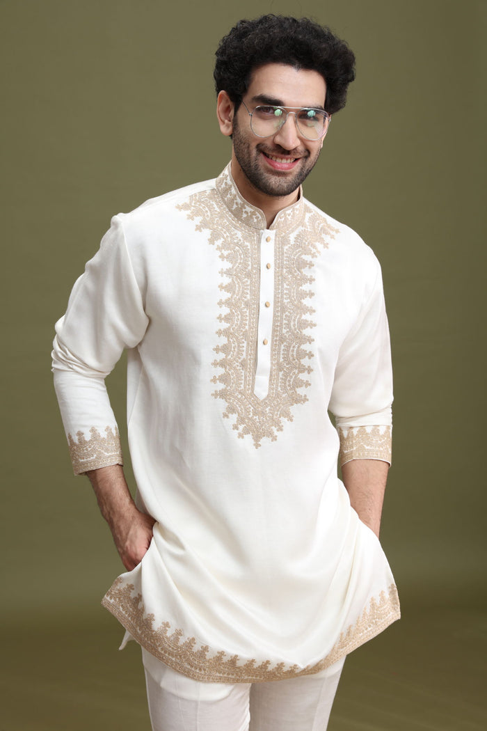 White short kurta pant set for men with dori embroidery and Chinese collar – front view