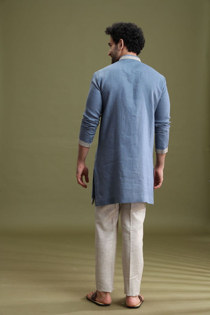 Blue Linen Short Kurta Set for Men with Aligarhi & Dori Embroidery - KORANM