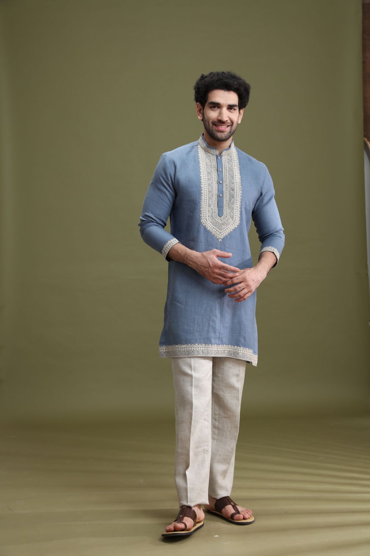 Styled casual look of blue linen short kurta set for men with aligarhi