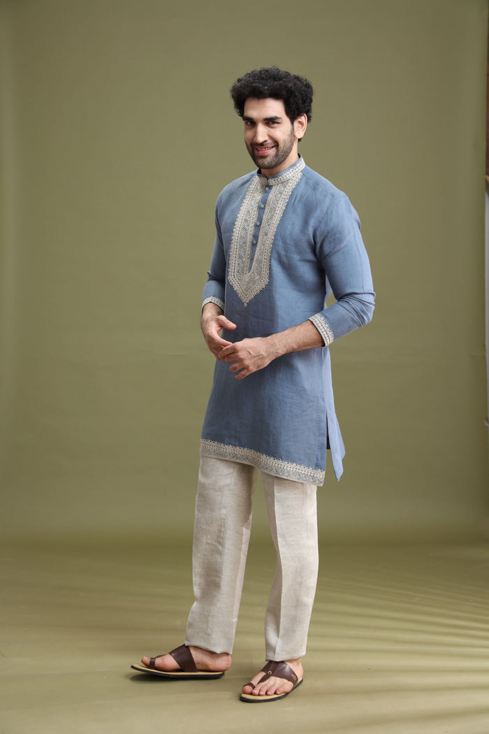 Side view of blue linen short kurta set for men