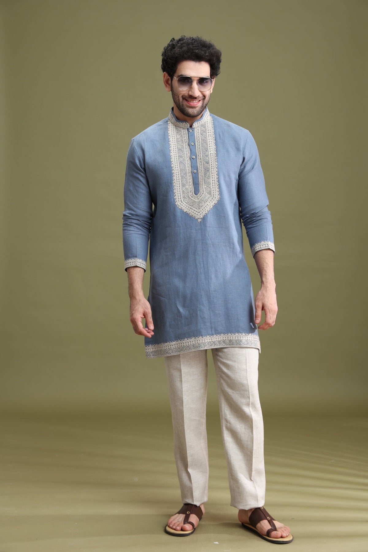 Blue Linen Short Kurta Set for Men with Aligarhi & Dori Embroidery - KORANM