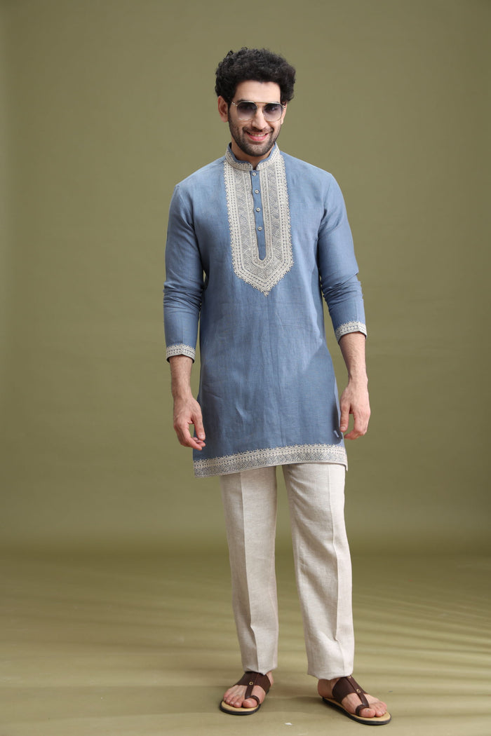 Blue Linen Short Kurta Set for Men with Aligarhi & Dori Embroidery - KORANM