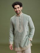 Pista Green Linen Silk Short Kurta Set for Men with Dori Embroidery & Cream Aligarhi