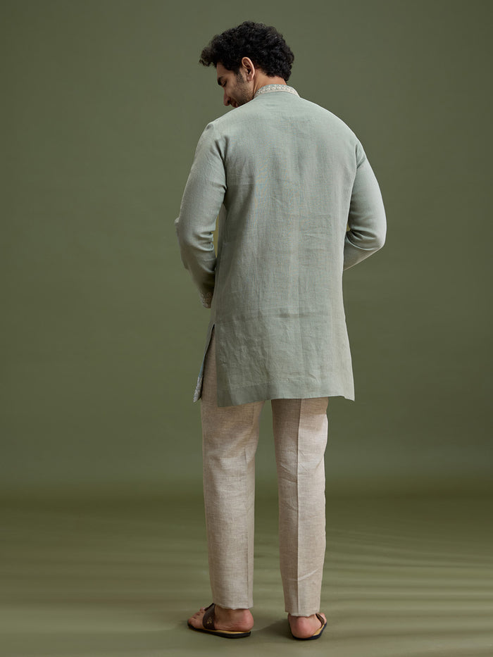 Pista Green Linen Short Kurta Set for Men with Dori Embroidery & Cream Aligarhi - KORANM