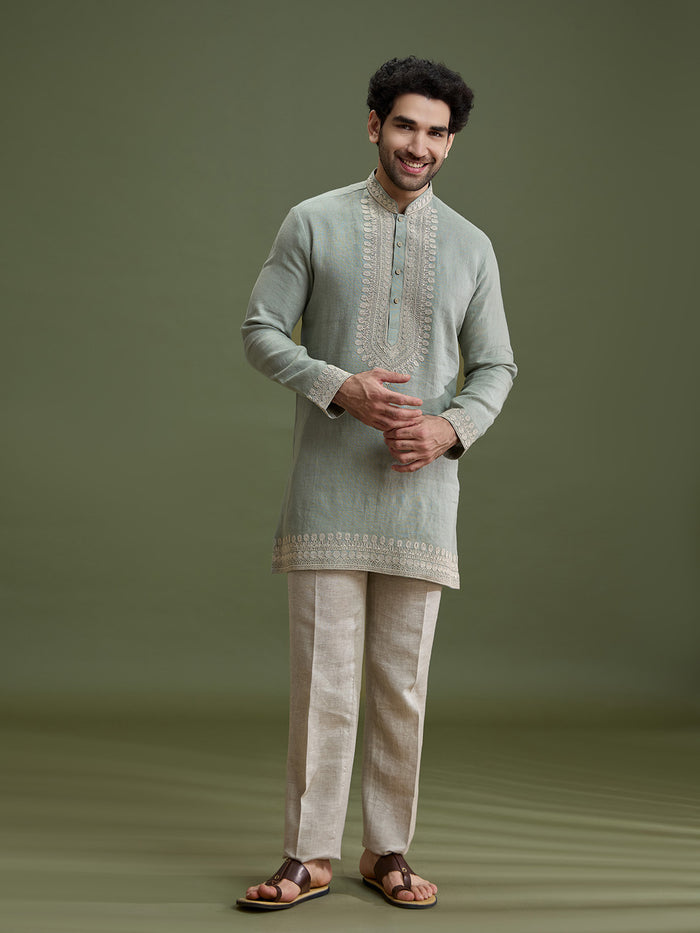 Pista Green Linen Short Kurta Set for Men with Dori Embroidery & Cream Aligarhi - KORANM