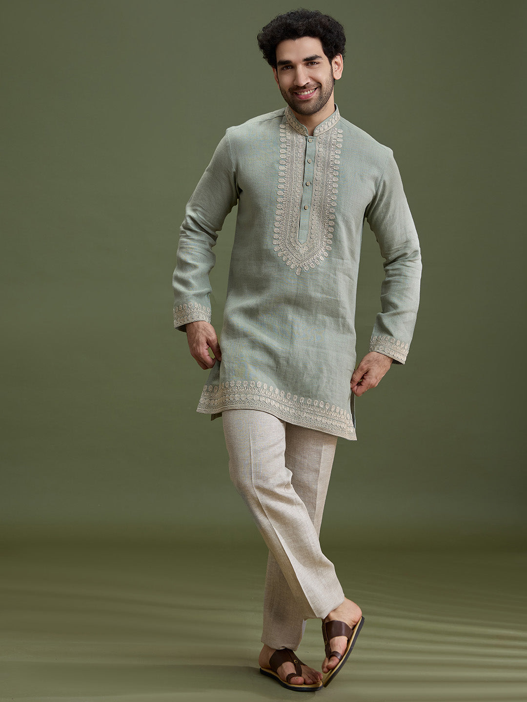 Pista Green Linen Short Kurta Set for Men with Dori Embroidery & Cream Aligarhi - KORANM