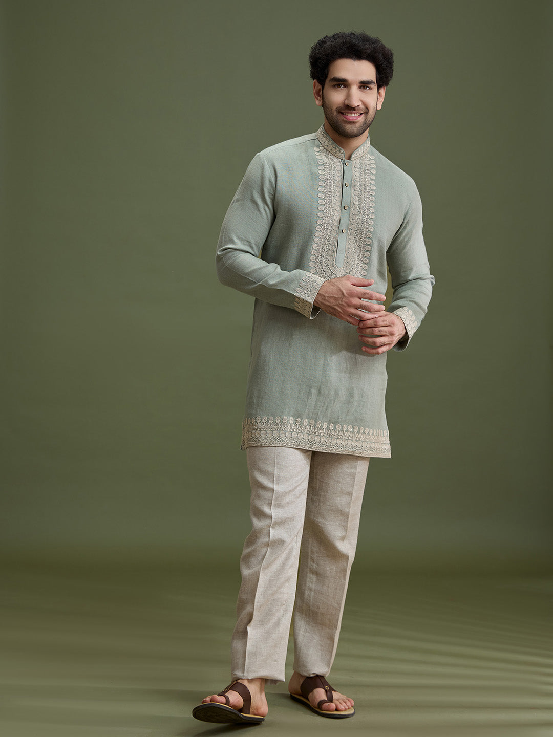 Pista Green Linen Short Kurta Set for Men with Dori Embroidery & Cream Aligarhi - KORANM