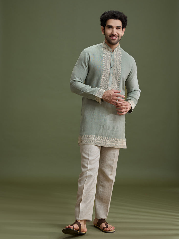 Pista Green Linen Short Kurta Set for Men with Dori Embroidery & Cream Aligarhi - KORANM