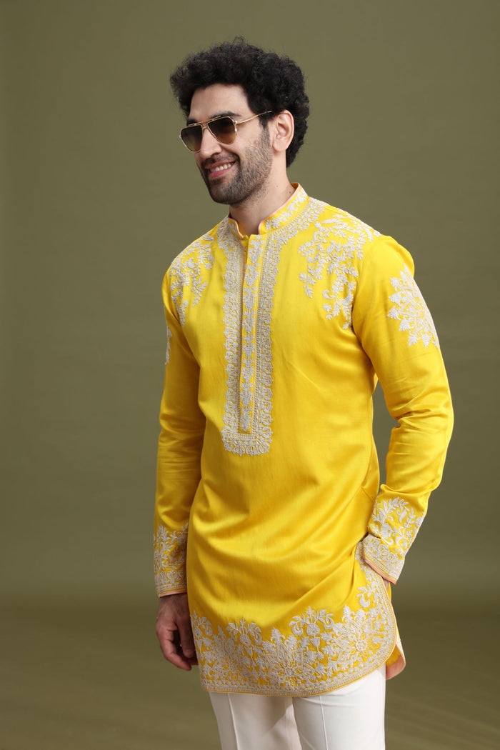 Yellow Short Kurta Set for Men with Aligarhi & Dori Embroidery - KORANM