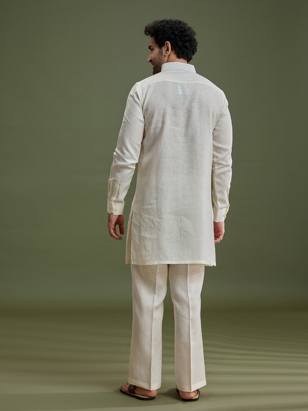Cream Linen Silk Kurta Set for Men with Dori Embroidery & Pant - KORANM