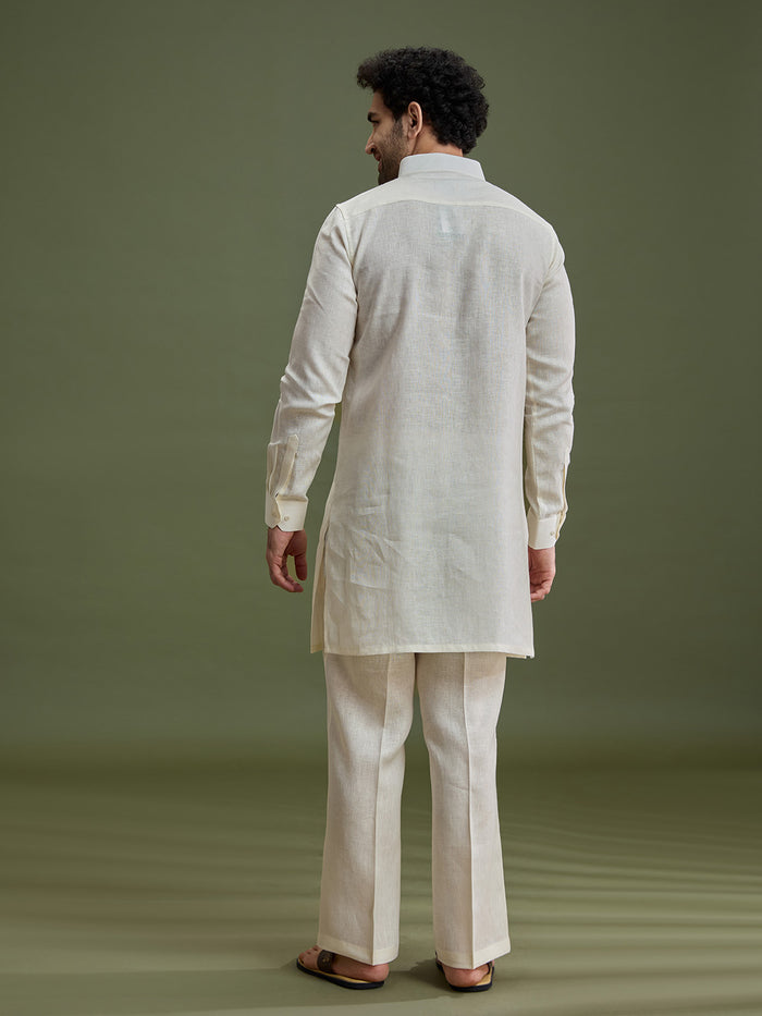 Cream Linen Silk Kurta Set for Men with Dori Embroidery & Pant - KORANM