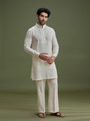 Cream Linen Silk Kurta Set for Men with Dori Embroidery & Pant