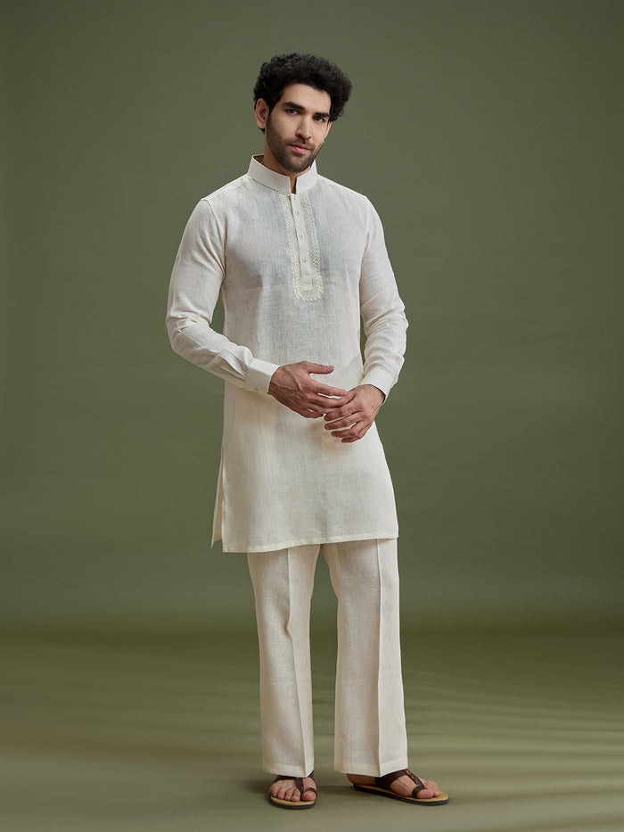 Cream Linen Silk Kurta Set for Men with Dori Embroidery & Pant - KORANM