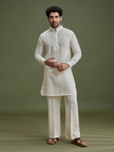Cream Linen Silk Kurta Set for Men with Dori Embroidery & Pant