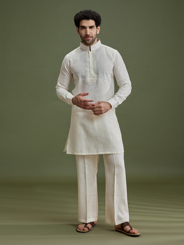 Cream Linen Silk Kurta Set for Men with Dori Embroidery & Pant - KORANM