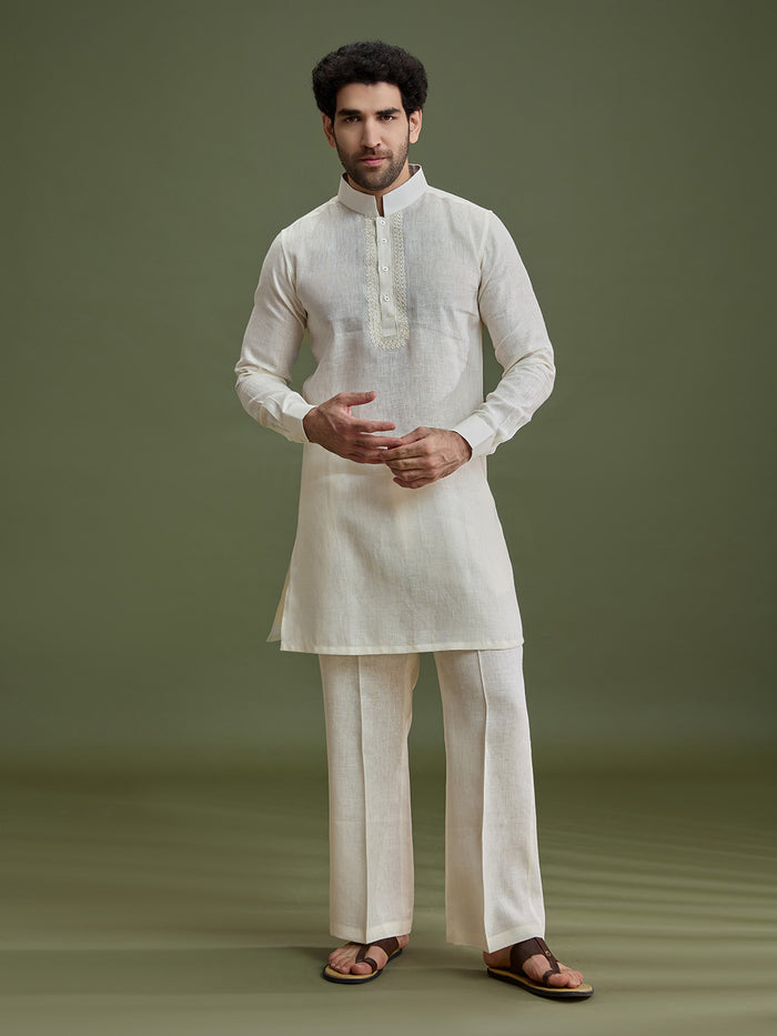 Cream Linen Silk Kurta Set for Men with Dori Embroidery & Pant - KORANM
